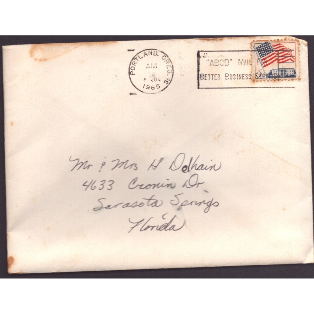 Vintage 1965 Portland Oregon Postmark Envelope 5c Flag Stamp Sarasota Florida